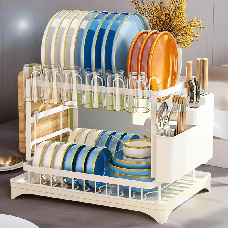 2-Tier Dish Drying Rack with Cutlery Holder & Drain Tray | Kitchen Organizer