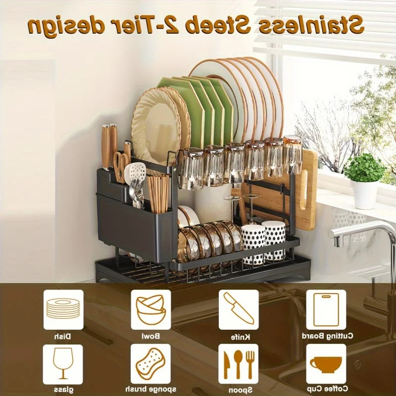 2-Tier Dish Drying Rack with Cutlery Holder & Drain Tray | Kitchen Organizer