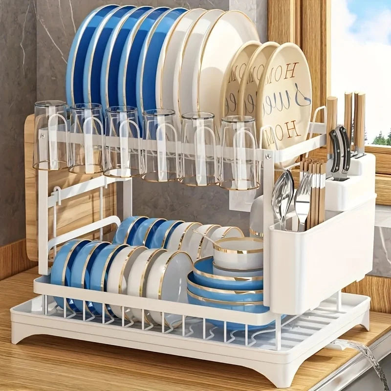 2-Tier Dish Drying Rack with Cutlery Holder & Drain Tray | Kitchen Organizer