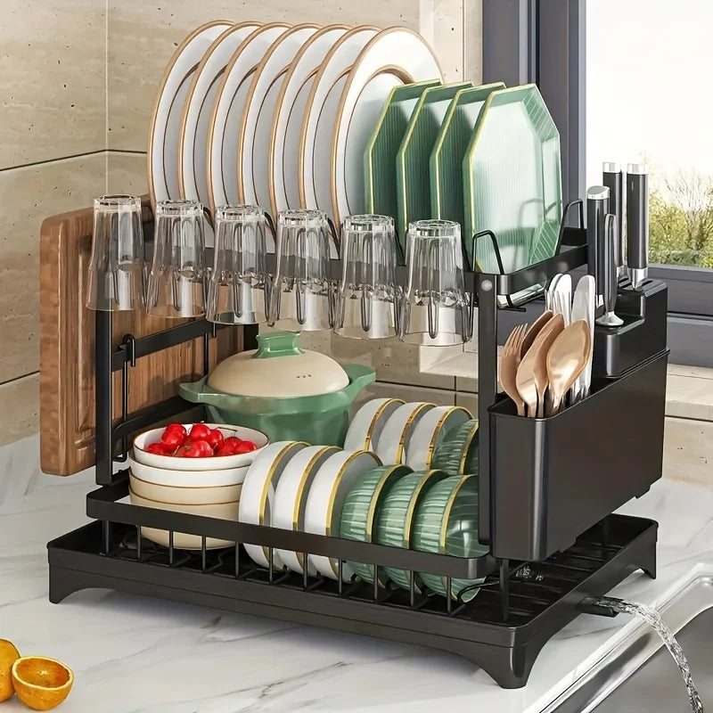 2-Tier Dish Drying Rack with Cutlery Holder & Drain Tray | Kitchen Organizer