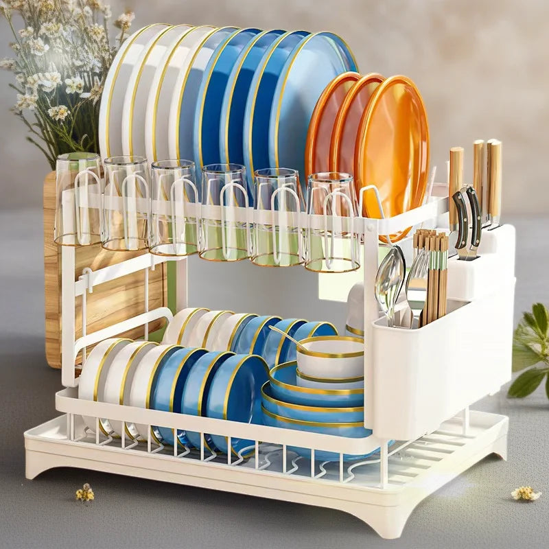 2-Tier Dish Drying Rack with Cutlery Holder & Drain Tray | Kitchen Organizer