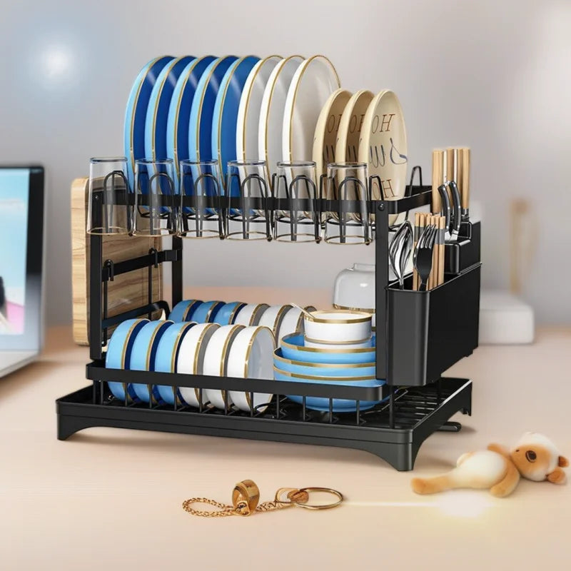 2-Tier Dish Drying Rack with Cutlery Holder & Drain Tray | Kitchen Organizer