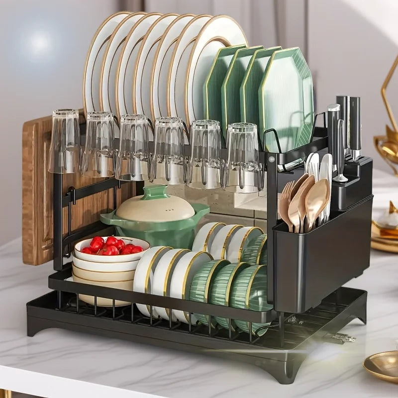2-Tier Dish Drying Rack with Cutlery Holder & Drain Tray | Kitchen Organizer